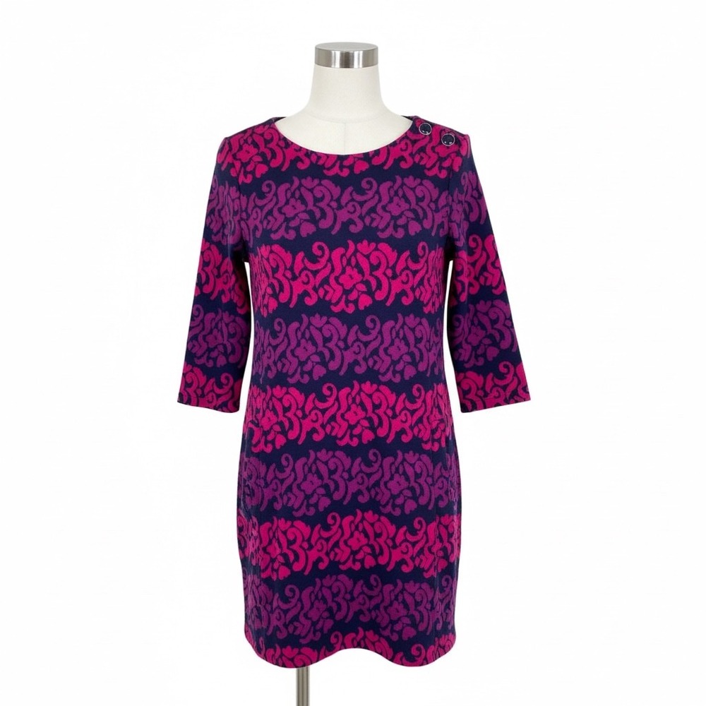 Lilly Pulitzer Knit Dress Blue Pink Floral 3/4 Sleeve Button Shoulder Size Large